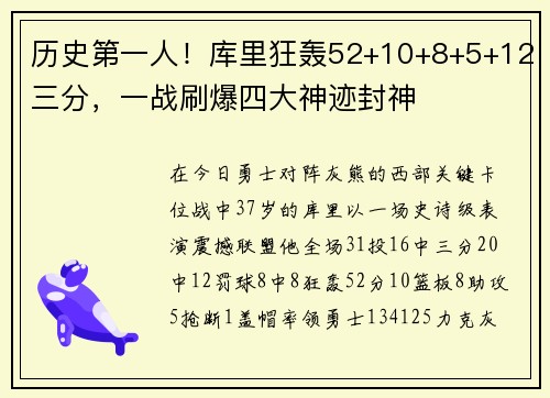 历史第一人！库里狂轰52+10+8+5+12三分，一战刷爆四大神迹封神